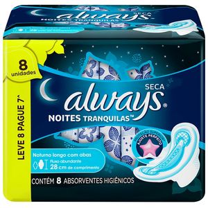 Absorvente Noites Tranquilas Cobertura Seca com Abas Always Noturno Leve 8 Pague 7