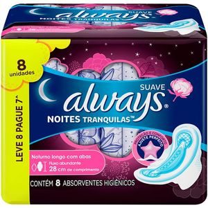 Absorvente Noites Tranquilas Cobertura Suave com Abas Always Noturno Leve 8 Pague 7