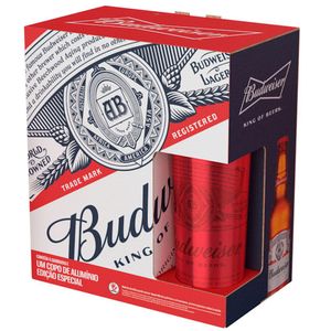 Kit Budweiser com  4 Unidades Long Neck 330ml + Copo de Alumínio