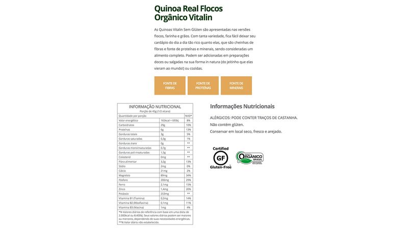 Quinoa em Flocos Integral Vitalin 120g - Me Gusta Veg - Sua loja Saudável  na Internet