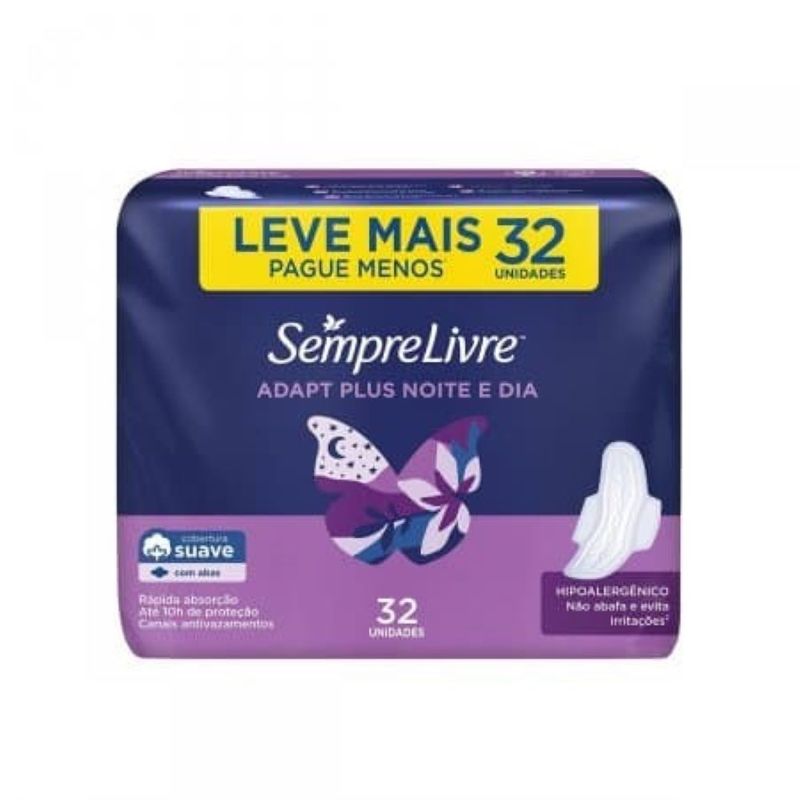 absorvente-adapt-plus-noite-e-dia-cobertura-suave-com-abas-sempre-livre-com-32-unidades