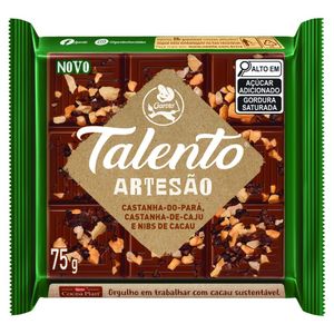 Chocolate Castanha de Caju, Castanha do Pará e Nibs de Cacau Talento Artesão 75g