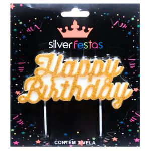Vela Dourada com Glitter Happy Birthday Silver Festas