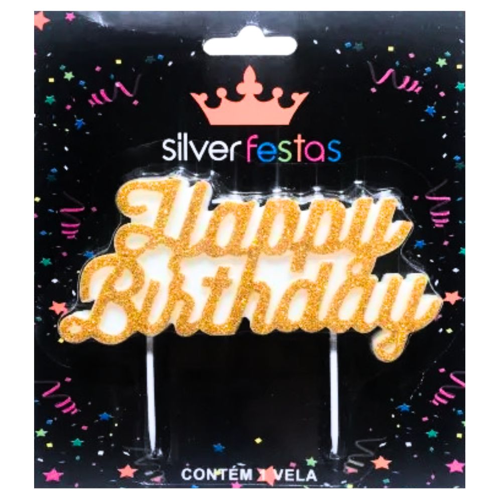 Vela Aniversário Silver Happy Birthday Gliter Dourado 1un