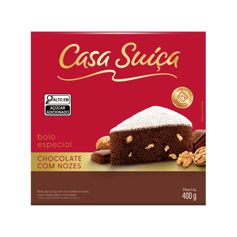 Bolo CASA SUÍÇA Suíço Especial Chocolate e Nozes com calda de Chocolate 400g